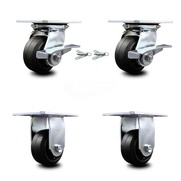4 Inch Rubber on Steel Caster Brakes/Swivel Locks and 2 Rigid SCC, 2PK